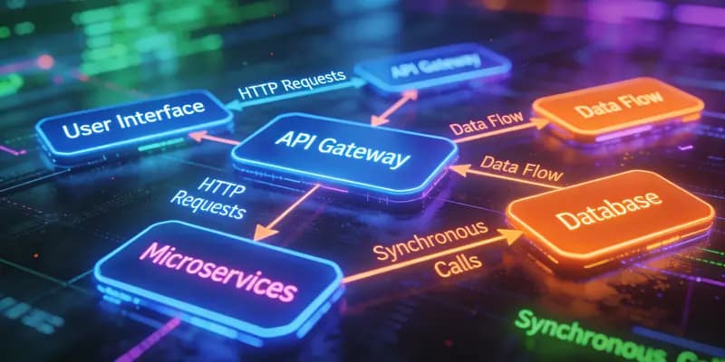 Arquitetura de software: interface, API Gateway, microserviços e banco de dados conectados